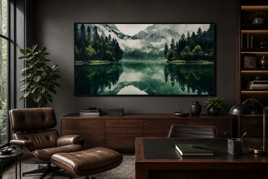Mirror Lake and Mountains Emerald Green Nature Canvas Wall Art in a dark modern office setting.