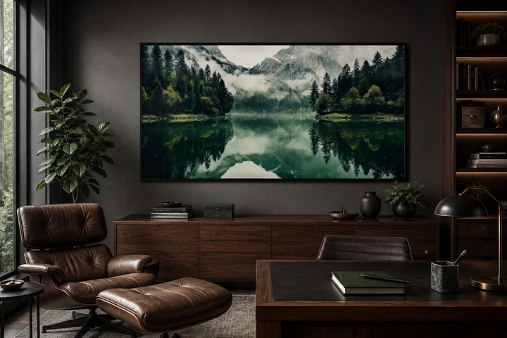 Mirror Lake and Mountains Emerald Green Nature Canvas Wall Art in a dark modern office setting.