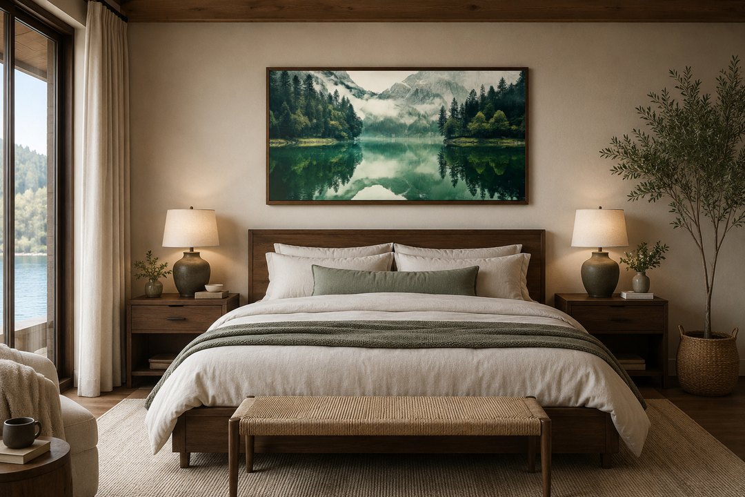 Emerald green canvas wall art of a mirror lake and mountains above a bed in a neutral bedroom.