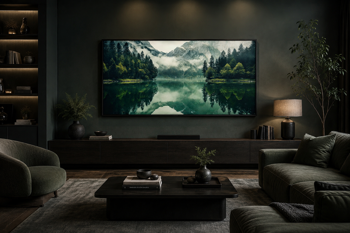 Emerald green canvas wall art of a mirror lake and mountains in a dark, modern living room.