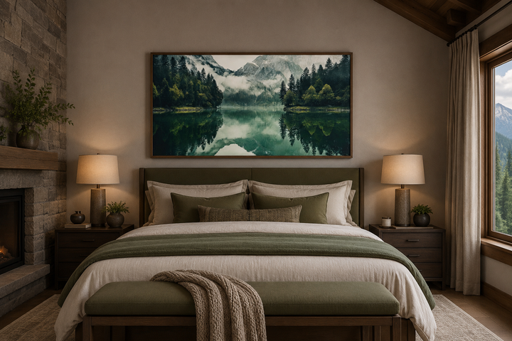 Emerald green canvas wall art of a mirror lake and mountains above a bed in a rustic bedroom.