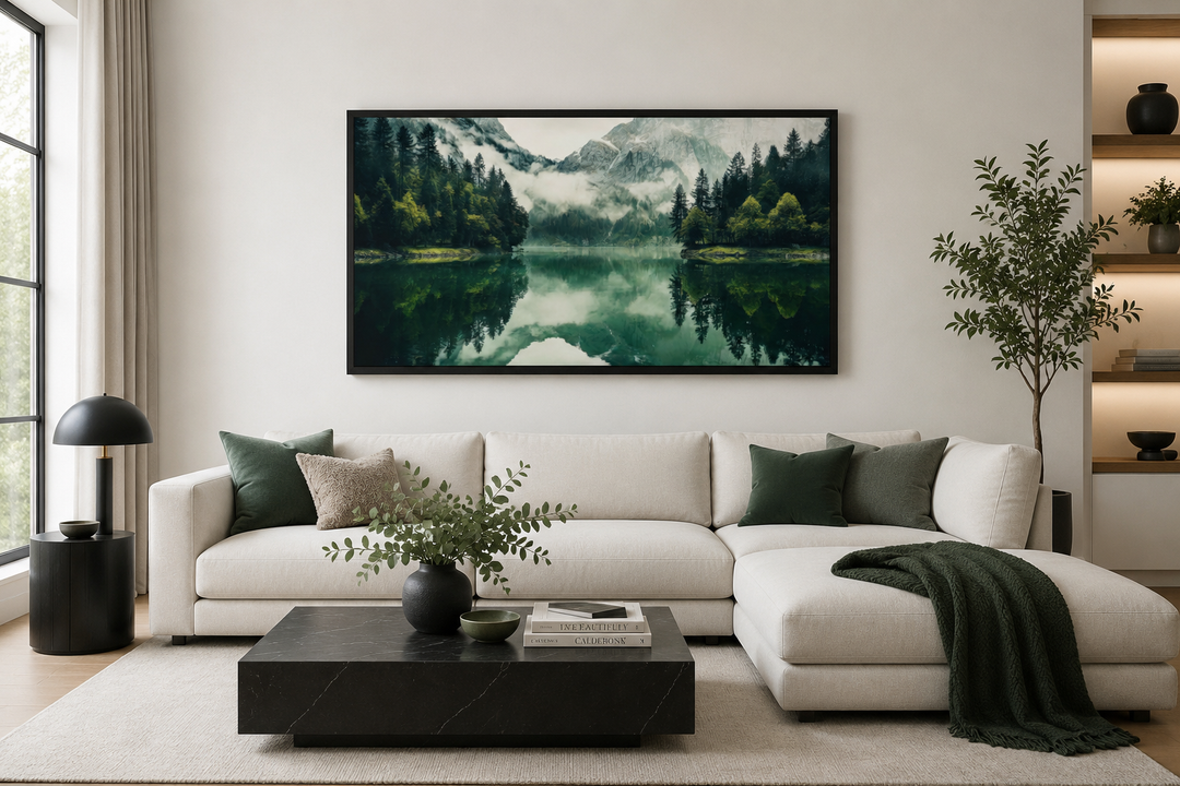 Mirror Lake and Mountains Emerald Green Nature Canvas Wall Art hanging above a white sectional sofa.