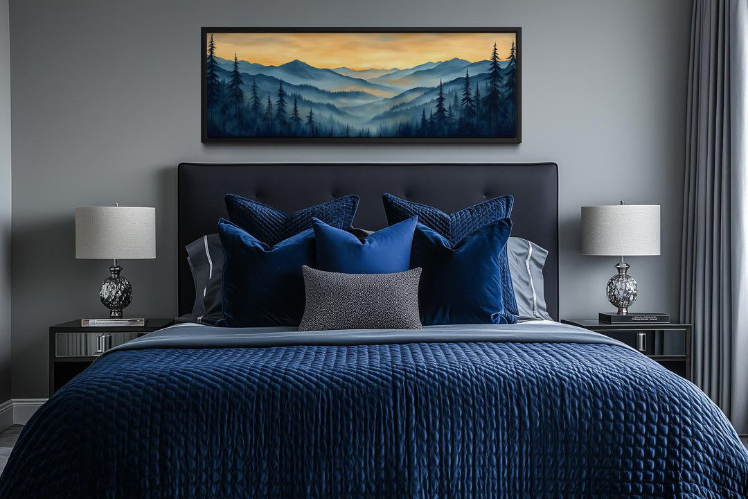 Misty mountain forest sunset long horizontal canvas wall art displayed above a modern bed.