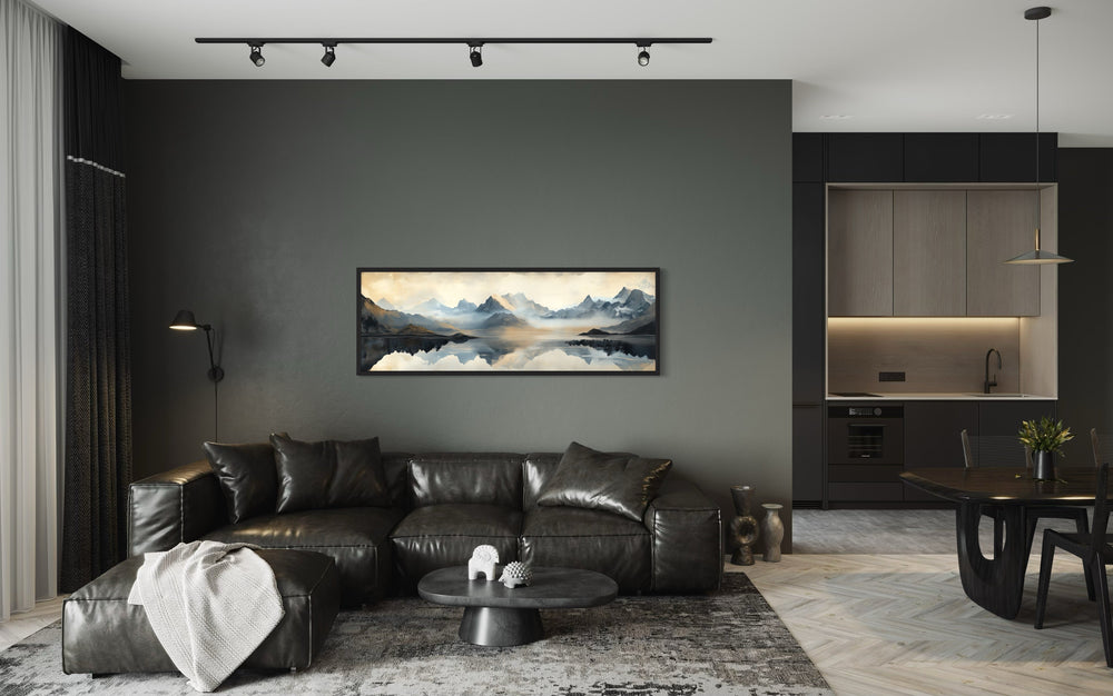 Misty Mountain Lake Panoramic Canvas Wall Art in a living room filled with furniture