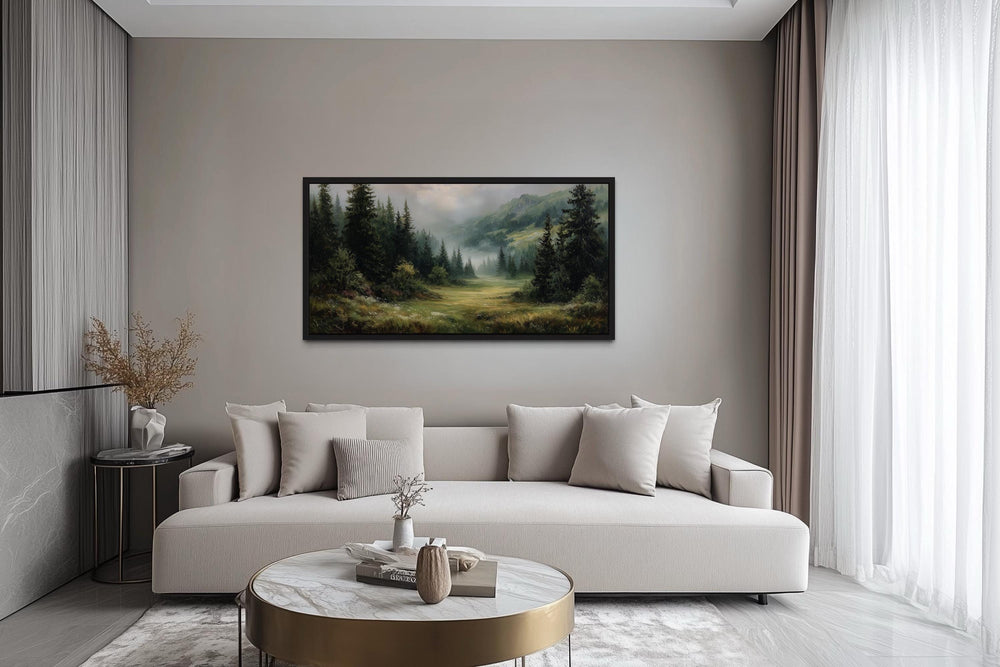 Misty Mountain Meadow and Pine Forest Canvas Wall Art