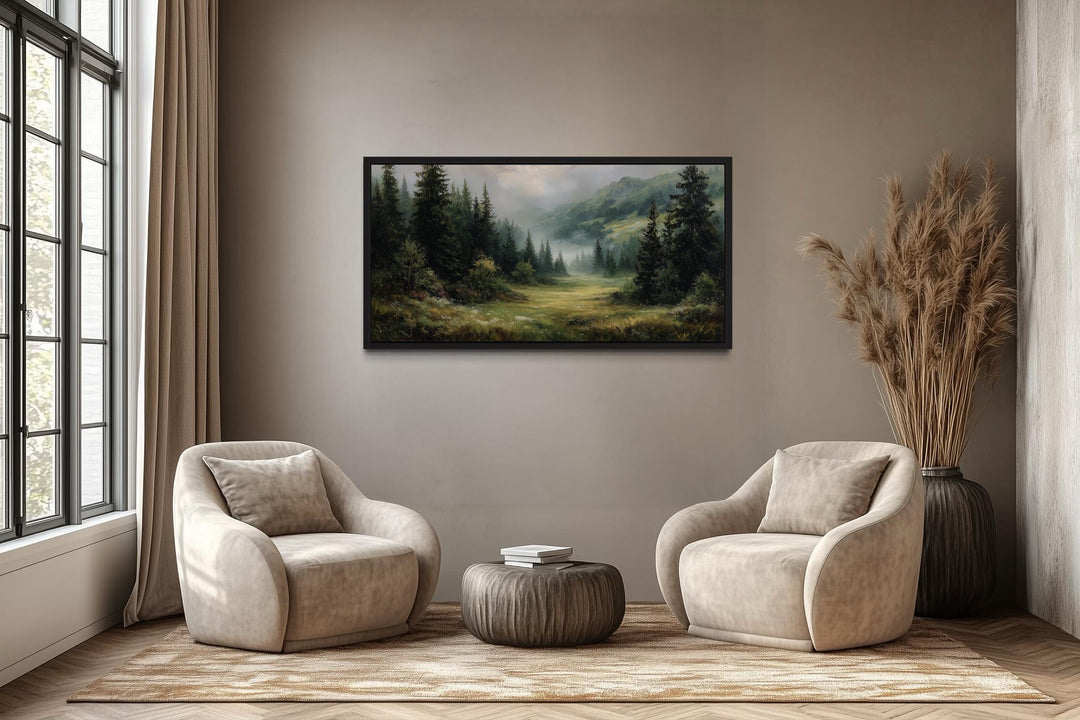 Misty Mountain Meadow and Pine Forest Canvas Wall Art