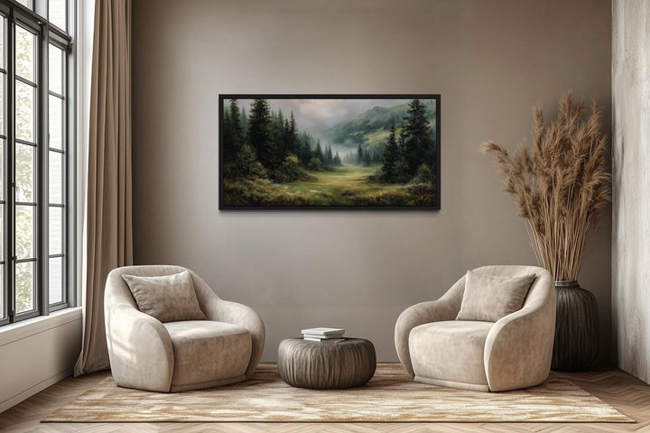 Misty Mountain Meadow and Pine Forest Canvas Wall Art