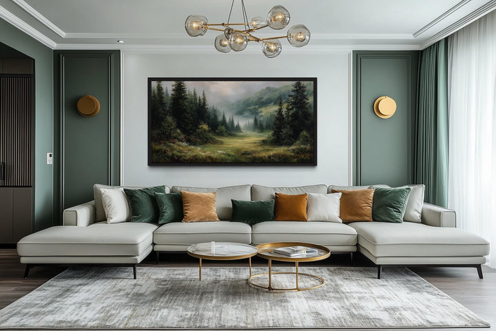 Misty Mountain Meadow and Pine Forest Canvas Wall Art