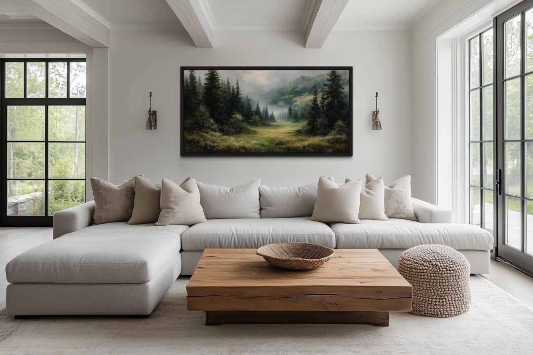 Misty Mountain Meadow and Pine Forest Canvas Wall Art