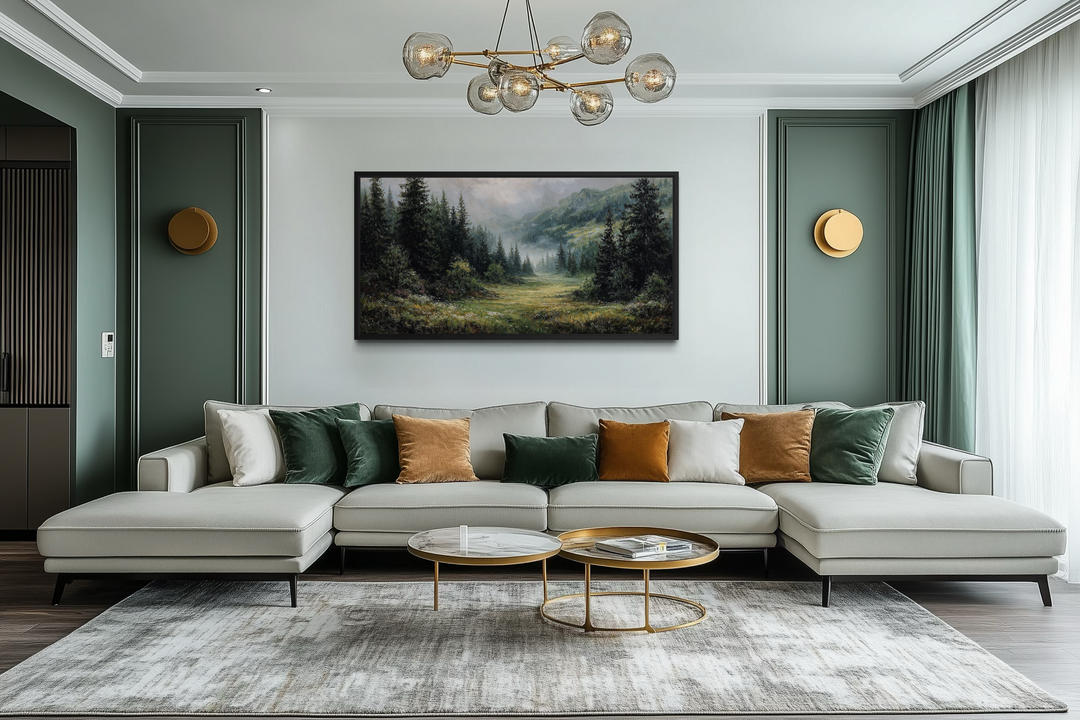 A panoramic canvas of a misty mountain meadow and pine forest hangs above a modern sectional sofa.