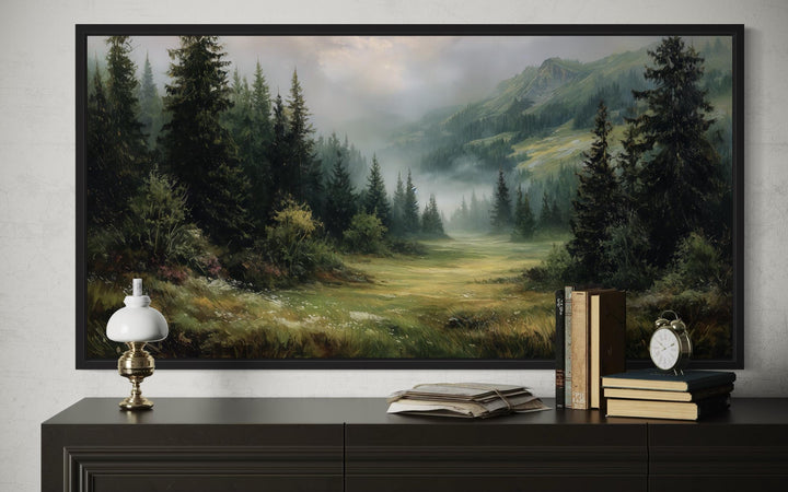 Misty Mountain Meadow and Pine Forest Canvas Wall Art