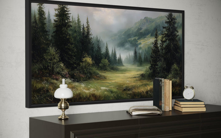 Misty Mountain Meadow and Pine Forest Canvas Wall Art