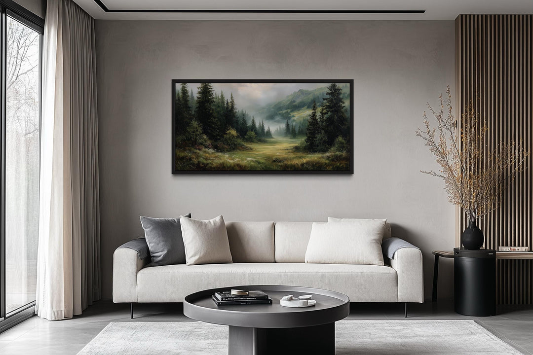 Misty Mountain Meadow and Pine Forest Canvas Wall Art