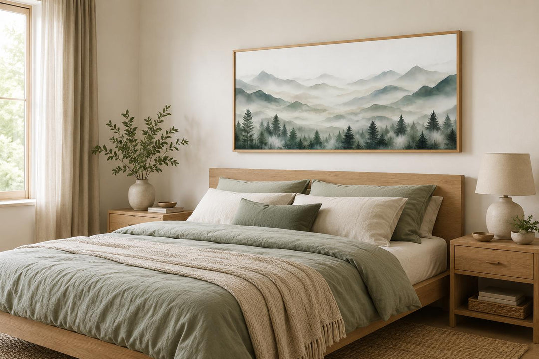 Misty mountain and sage green pine tree canvas art hanging above a bed in a neutral bedroom.