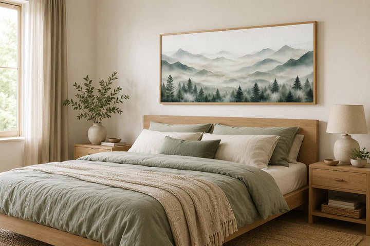 Misty mountain and sage green pine tree canvas art hanging above a bed in a neutral bedroom.