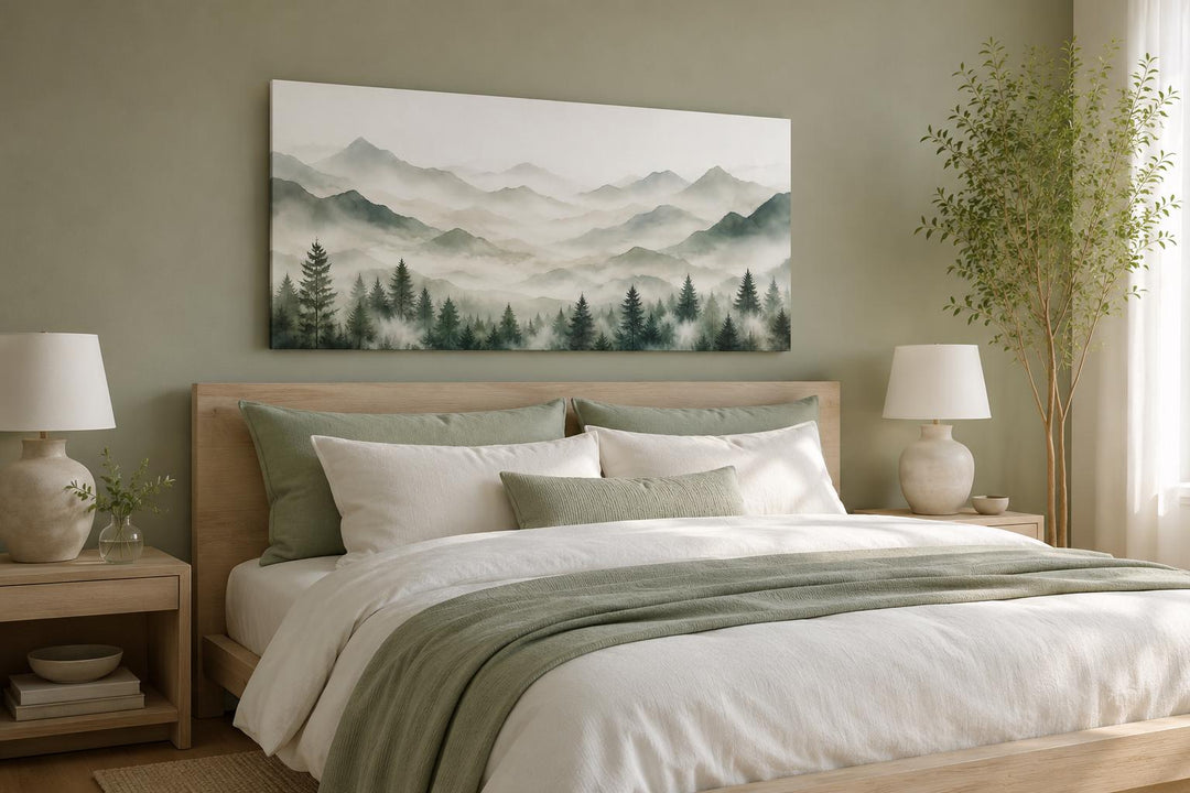 Misty mountain and pine tree canvas painting in sage green above a bed in a minimalist bedroom.