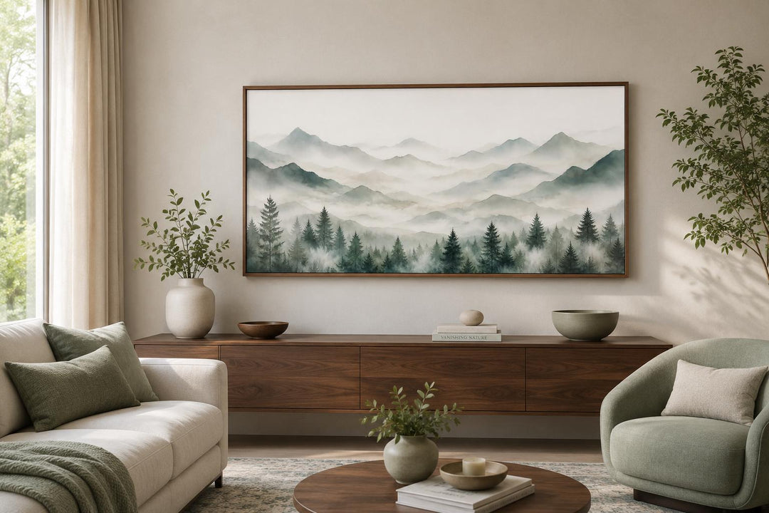 Misty mountain and sage green pine tree canvas wall art displayed above a wooden console table.