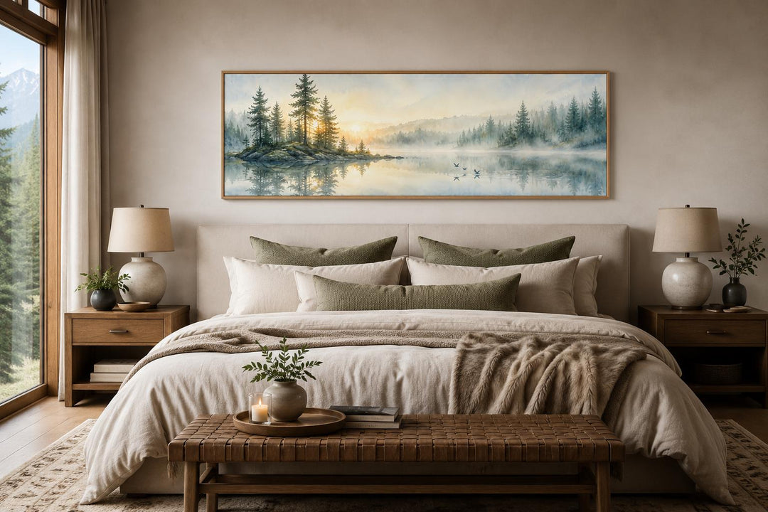 Panoramic misty pine forest and serene lake canvas print hanging above a bed in a neutral bedroom.