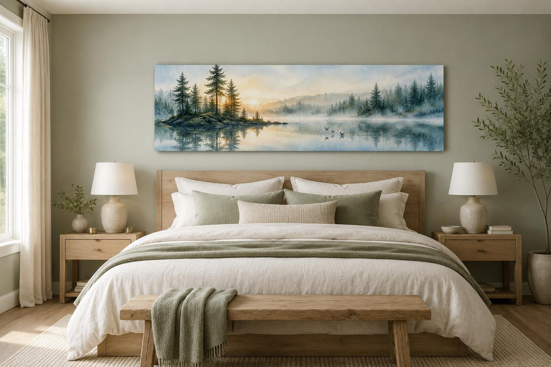 Panoramic misty pine forest and lake canvas print hanging above a bed in a neutral-toned bedroom.