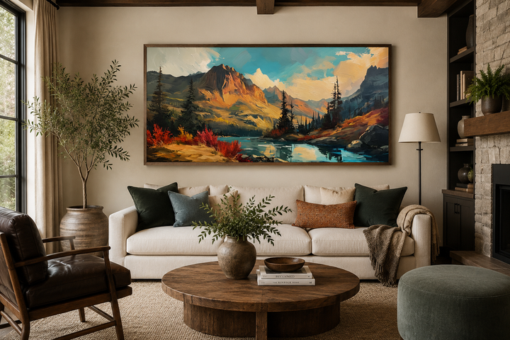 Modern abstract mountain lake sunset in autumn framed canvas wall art above a white sofa.