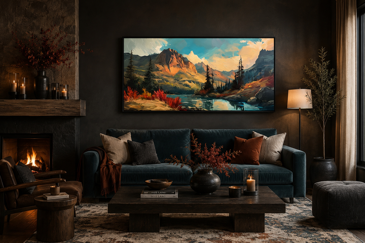 Modern abstract mountain lake sunset in autumn framed canvas wall art above a dark blue sofa.