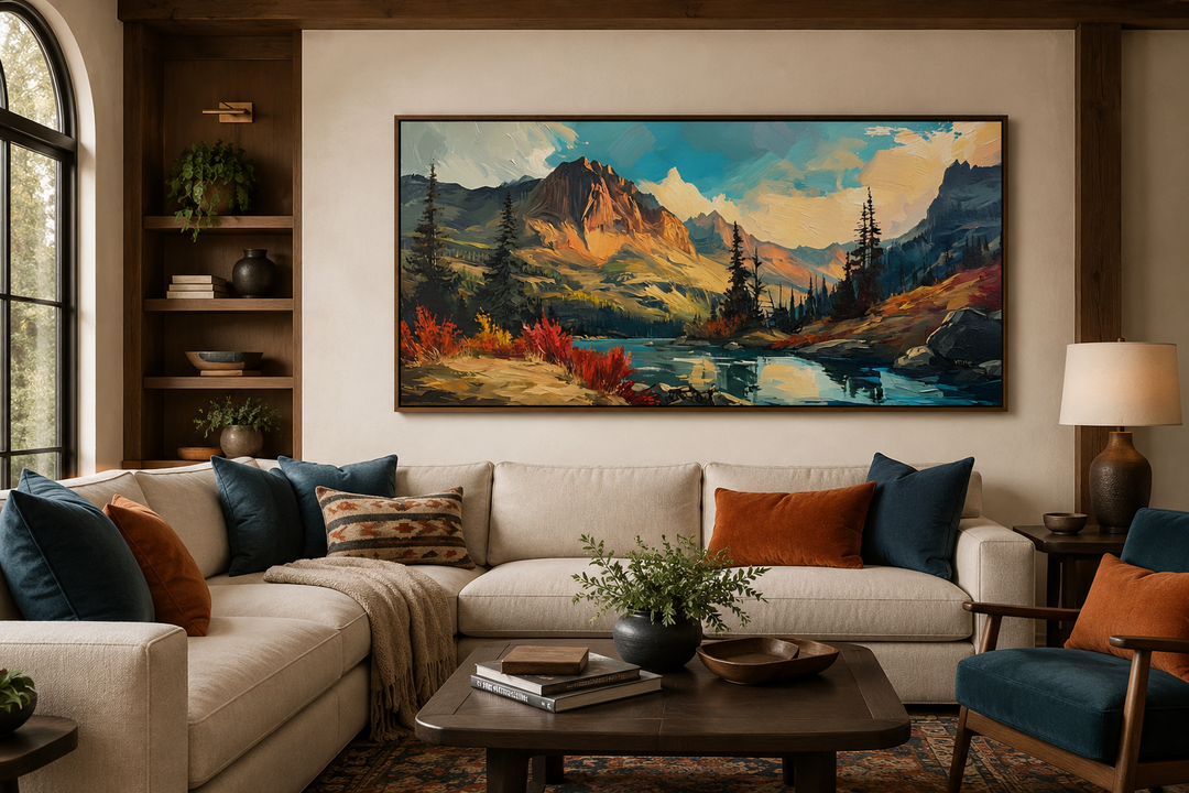 Modern abstract mountain lake sunset in autumn framed canvas wall art above a living room sofa.