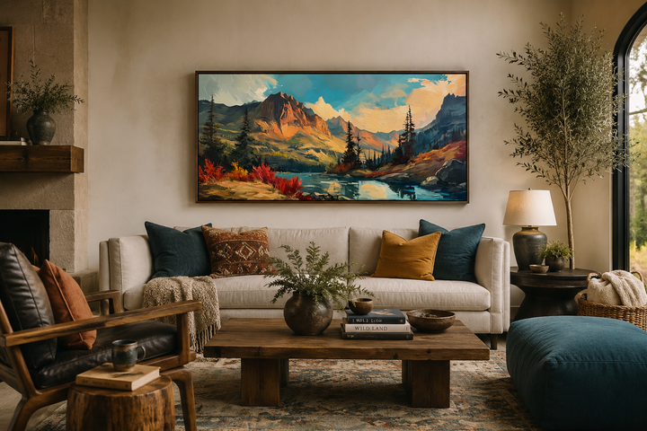 Modern abstract mountain lake sunset in autumn framed canvas wall art above a living room sofa.
