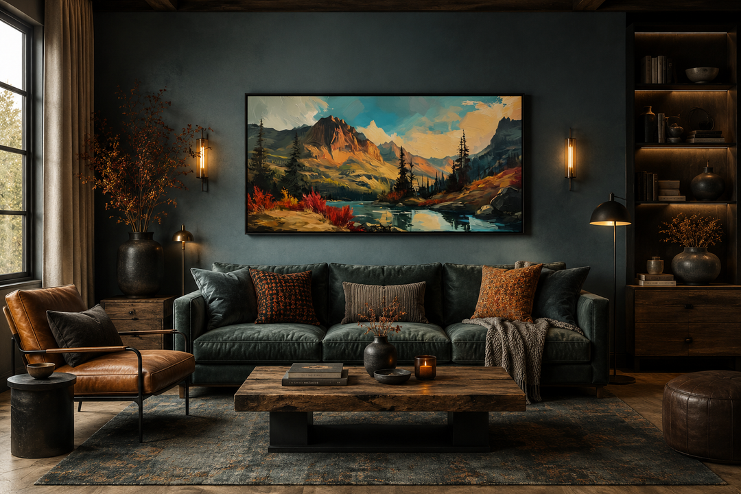 Modern abstract mountain lake sunset in autumn framed canvas wall art above a dark green sofa.