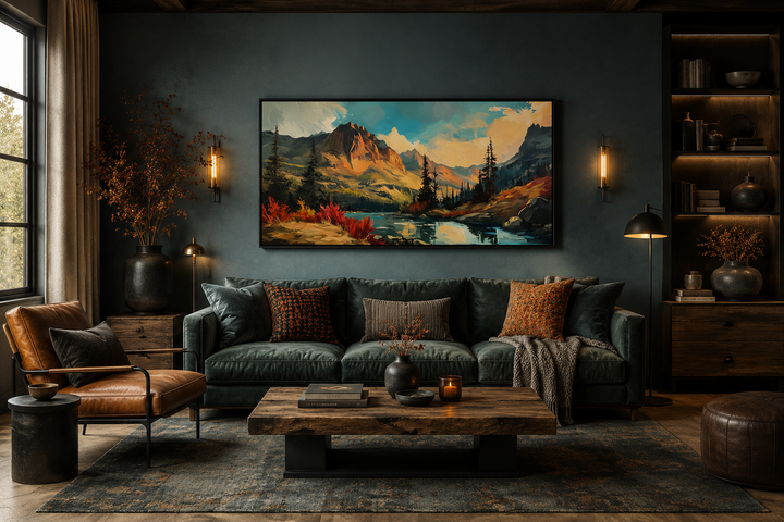 Modern abstract mountain lake sunset in autumn framed canvas wall art above a dark green sofa.