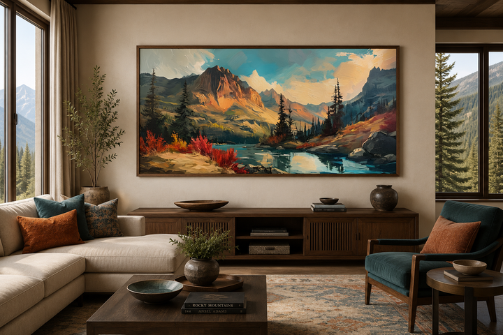 Modern abstract framed canvas art of a mountain lake sunset in autumn above a wooden console.