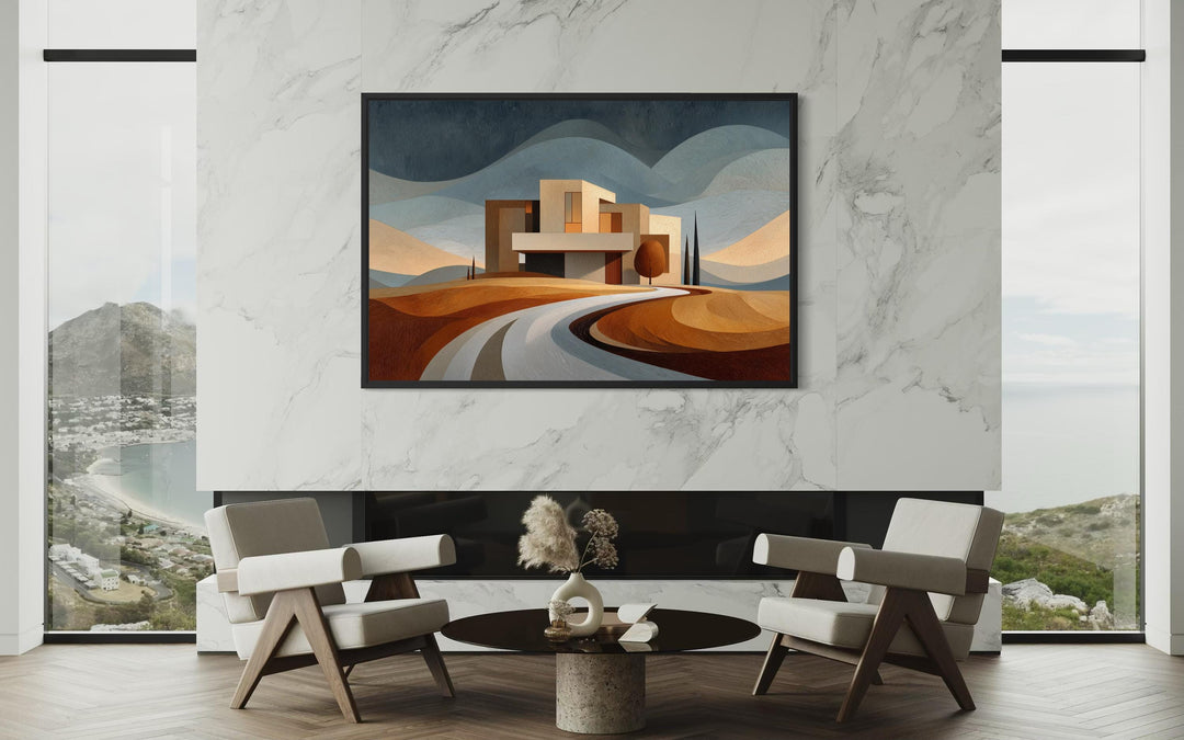 Modern architecture canvas print featuring a desert-style luxury home in a minimalist living room.
