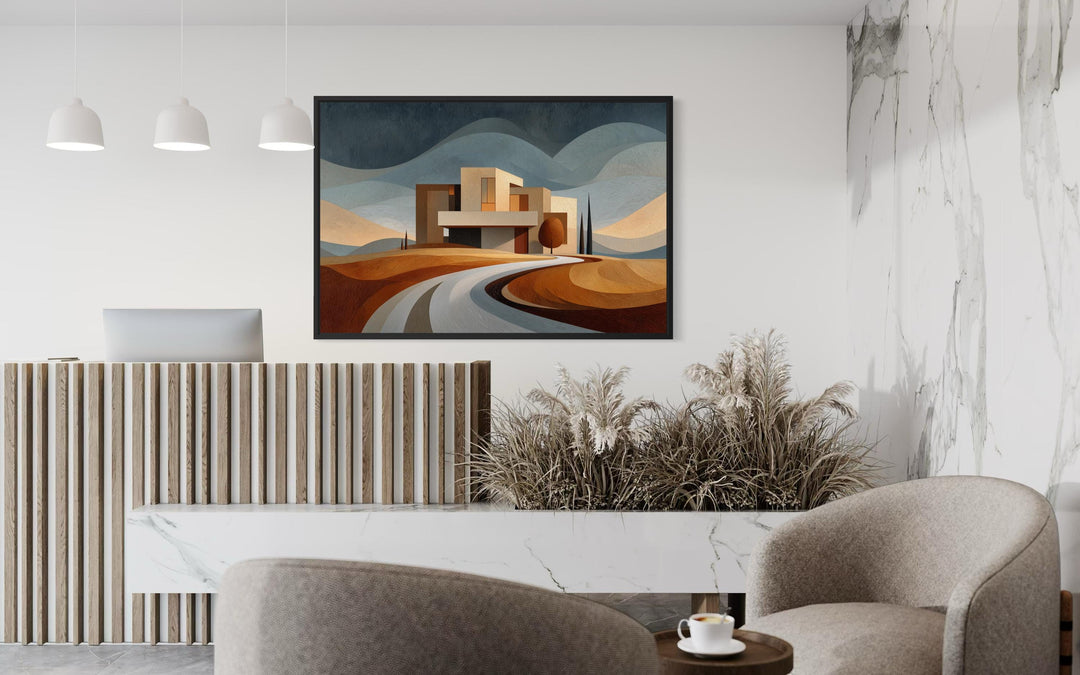 Modern architecture canvas print featuring a desert-style home in a luxury office setting.