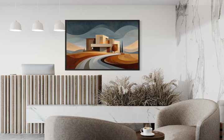Modern architecture canvas print featuring a desert-style home in a luxury office setting.