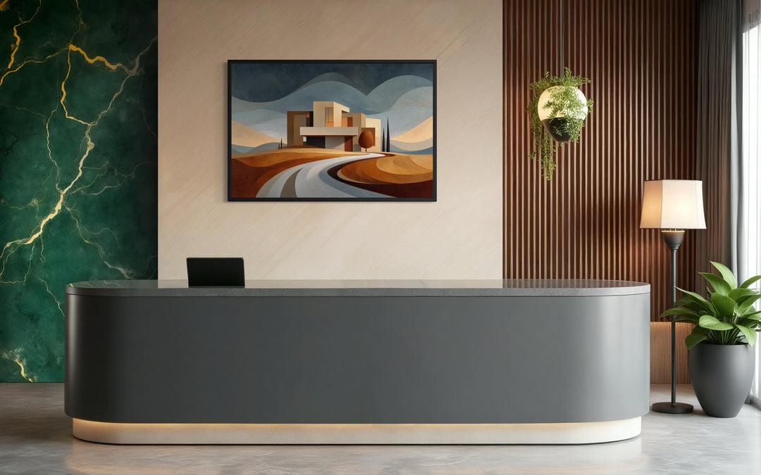 Modern architecture canvas print featuring a desert-style home above a sleek reception desk.