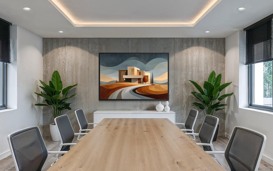 Modern architecture canvas print featuring a desert-style home in a professional conference room.