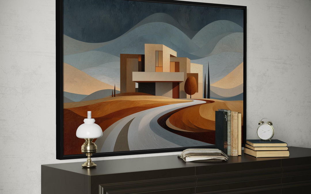 Modern architecture canvas print featuring a geometric desert home and a winding road.
