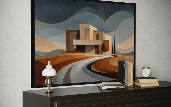 Modern architecture canvas print featuring a geometric desert home and a winding road.