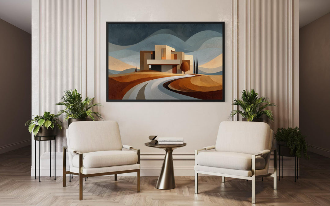 Modern architecture canvas print featuring a geometric desert home above a stylish seating area.