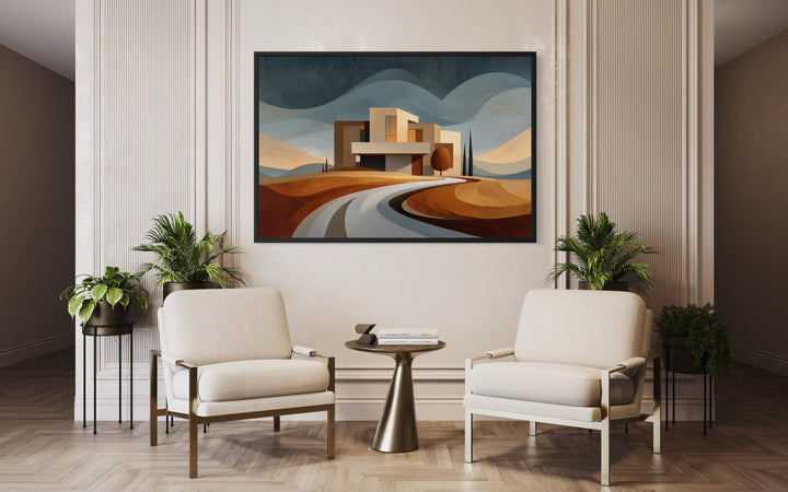 Modern architecture canvas print featuring a geometric desert home above a stylish seating area.