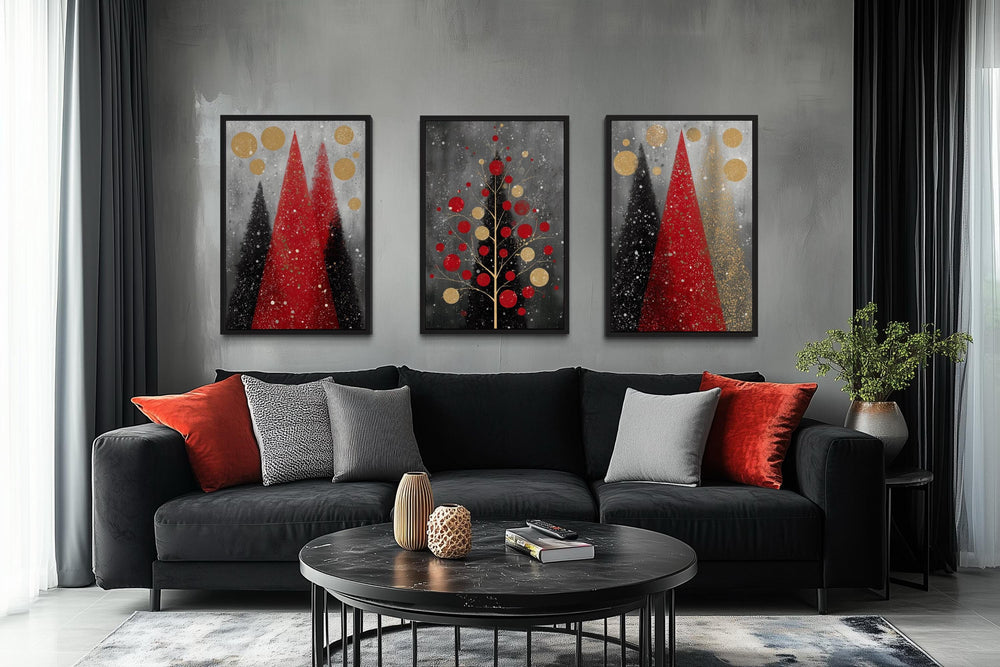 Modern Christmas Wall Art Set of 3 – Red and Black Holiday Tree Canvas Prints