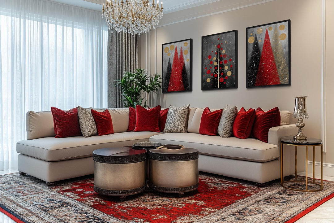 Modern Christmas Wall Art Set of 3 – Red and Black Holiday Tree Canvas Prints