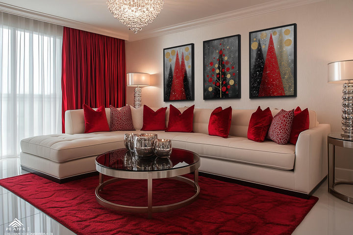 Modern Christmas Wall Art Set of 3 – Red and Black Holiday Tree Canvas Prints