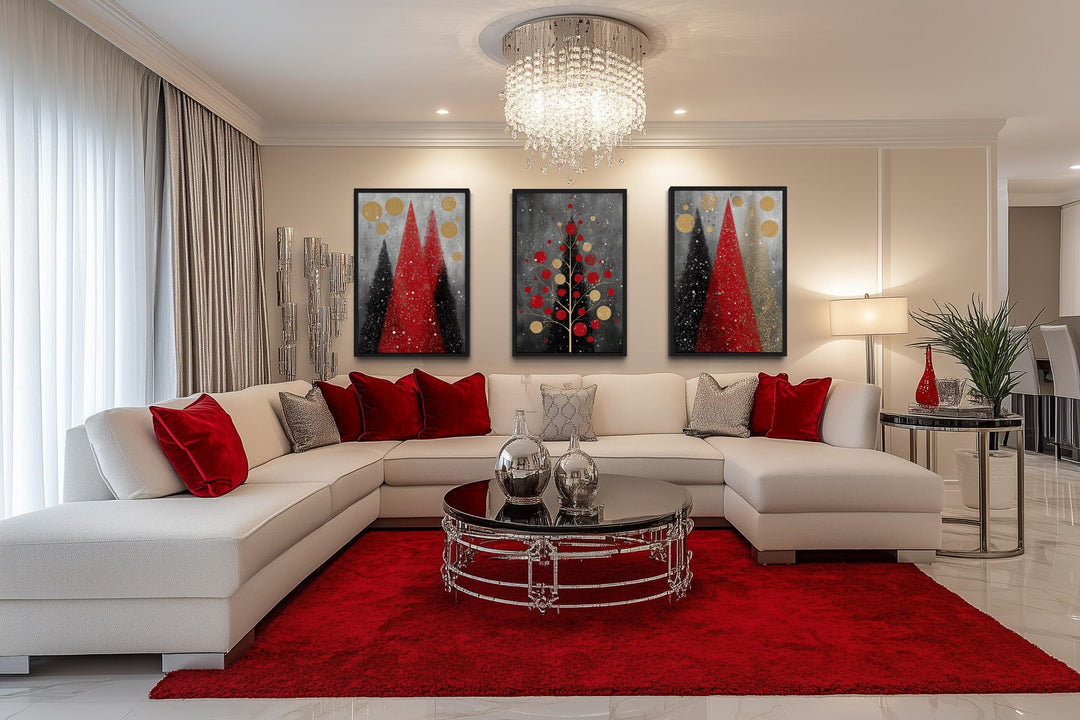 Modern Christmas Wall Art Set of 3 – Red and Black Holiday Tree Canvas Prints