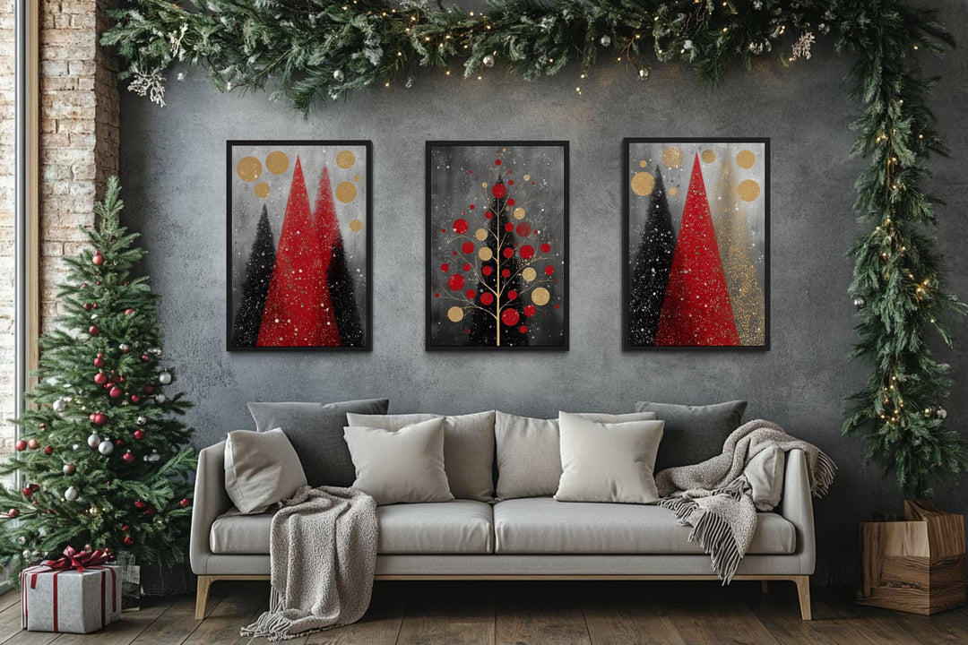 Modern Christmas Wall Art Set of 3 – Red and Black Holiday Tree Canvas Prints