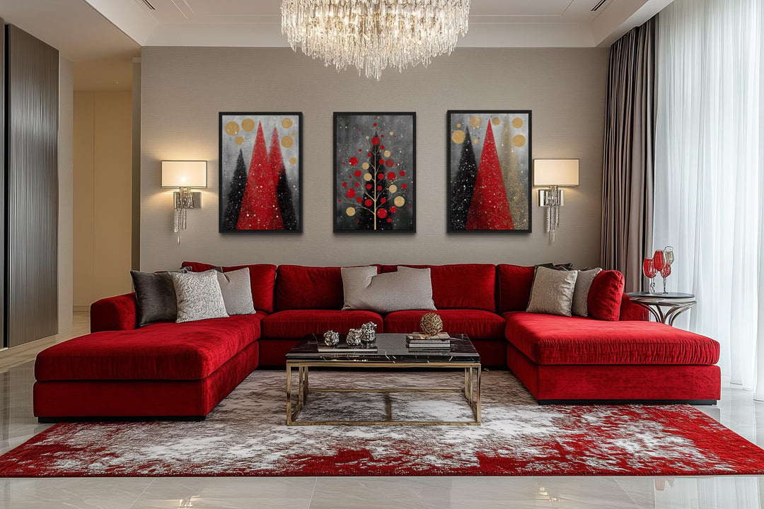 Modern Christmas Wall Art Set of 3 – Red and Black Holiday Tree Canvas Prints