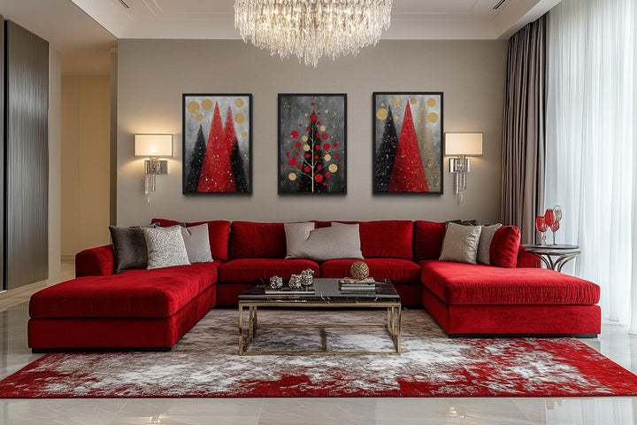 Modern Christmas Wall Art Set of 3 – Red and Black Holiday Tree Canvas Prints