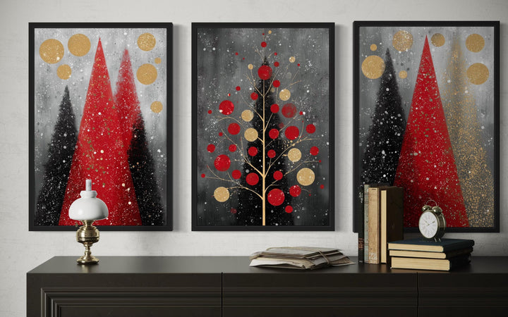 Modern Christmas Wall Art Set of 3 – Red and Black Holiday Tree Canvas Prints