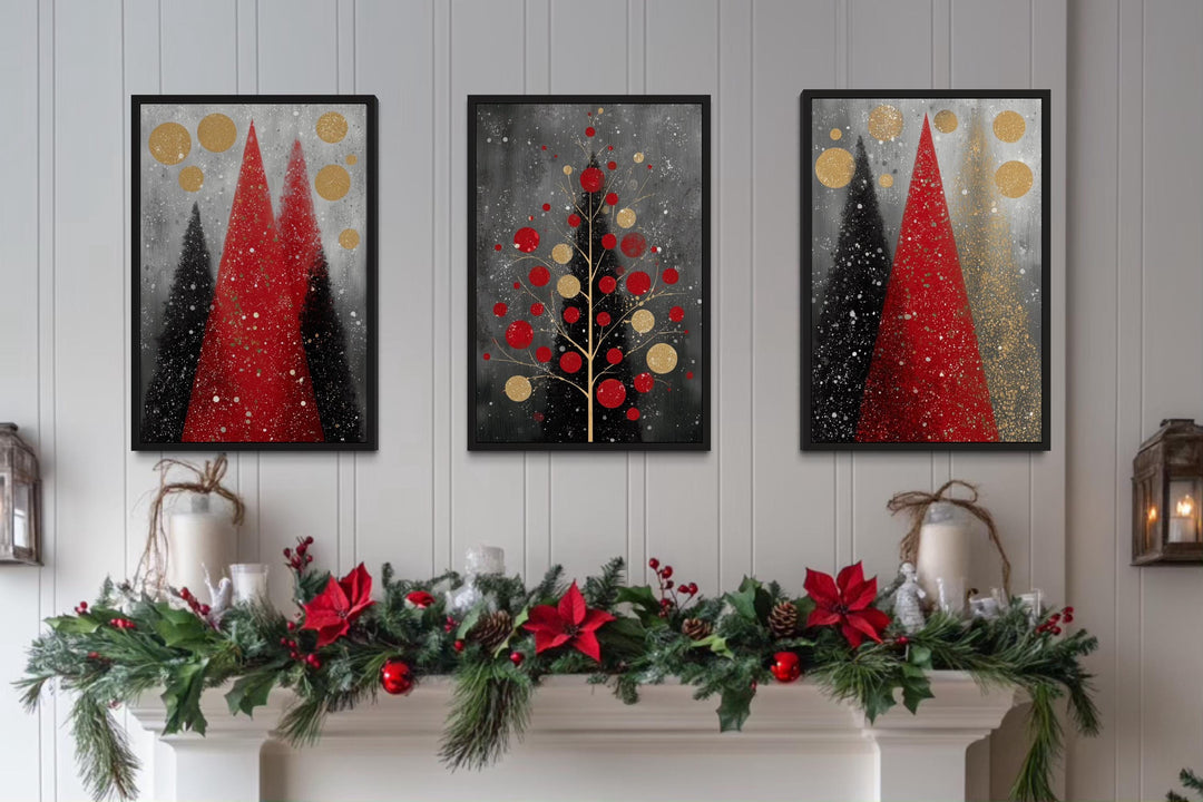 Modern Christmas Wall Art Set of 3 – Red and Black Holiday Tree Canvas Prints