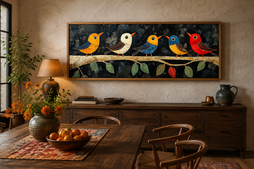 Modern folk style canvas art featuring five colorful birds on a branch against a dark background.