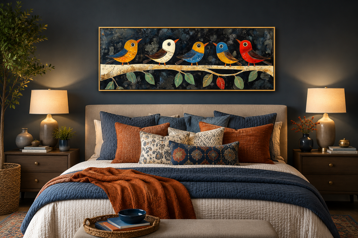Modern colorful folk style birds on a branch long narrow canvas wall art above a bed.